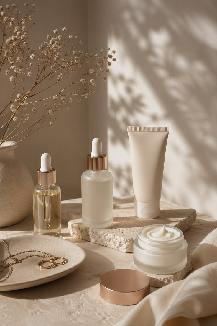 Flat lay beauty proizvoda u nude i bež tonovima